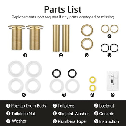 KES Pop Up Sink Drain Stopper Without Overflow, Brushed Gold 2 Pack | Drains for Bathroom Vessel Sink, All Metal Rustproof Brass and 304 Stainless Steel, for 1.6"-1.9" Sink Hole, S2008D-BZ-P2 - color: Brushed Gold, style: NO Overflow, 2 Pack