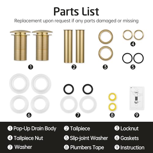 KES Pop Up Sink Drain Stopper Without Overflow, Brushed Gold 2 Pack | Drains for Bathroom Vessel Sink, All Metal Rustproof Brass and 304 Stainless Steel, for 1.6"-1.9" Sink Hole, S2008D-BZ-P2 - color: Brushed Gold, style: NO Overflow, 2 Pack