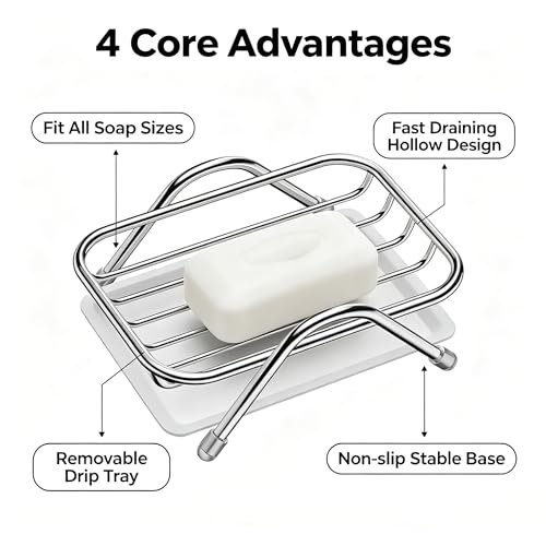Stainless Steel Soap Dish, Self Draining Soap Holder with Removable Drain Tray, Countertop Metal Soap Saver for Bathroom Kitchen Sink
