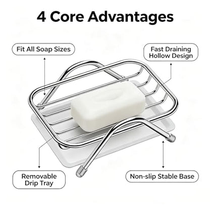 Stainless Steel Soap Dish, Self Draining Soap Holder with Removable Drain Tray, Countertop Metal Soap Saver for Bathroom Kitchen Sink