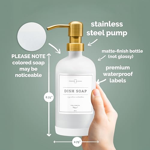 Vine Creations Glass Soap Dispenser, 2 Pack Kitchen Soap Dispenser Set with Stainless Steel Pump, 16 oz Dish Soap and Hand Soap Dispensers for Bathroom with Waterproof Labels (White) - color: Matte White Bottle / Gold Pump