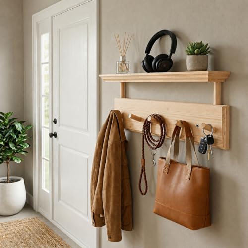 Matías Coat Rack Wall Mount with Shelf, 18 Inch Solid Wood Peg Rail, Wall Mounted Coat Rack with 5 Hooks, Wall Mount Shelf for Entryway, Bathroom or Bedroom (Natural Wood) - color: natural wood