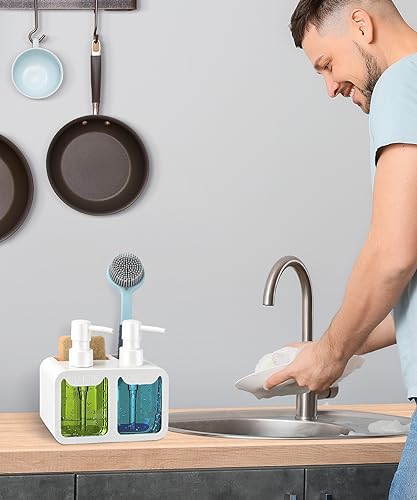 Kitchen Hand Soap and Dish Soap Dispenser Set, Dual Soap Dispenser with Sponge Caddy and Brush Holder 4-in-1 Organizer for Sink Countertop, Useful Kitchen Gadgets - White - color: White