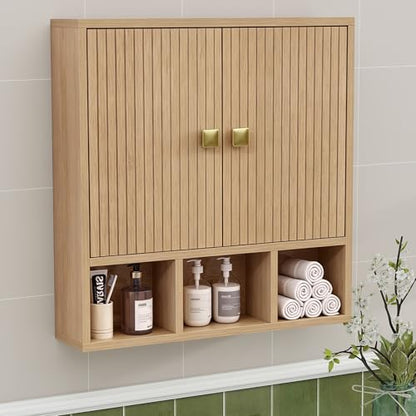 Bathroom Wall Cabinet,Wooden Medicine Cabinet with Fluted Doors Over The Toilet Storage Cabinet with Adjustable Shelf for Bathroom (Wood) - color: Wood Block