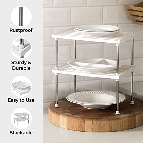 Stackable Kitchen Cabinet Organizer Set of 2 - White | Under Sink Cabinet Shelves and Storage, Pantry Storage Shelf Organizer, Kitchen Counter Shelf for Cupboard