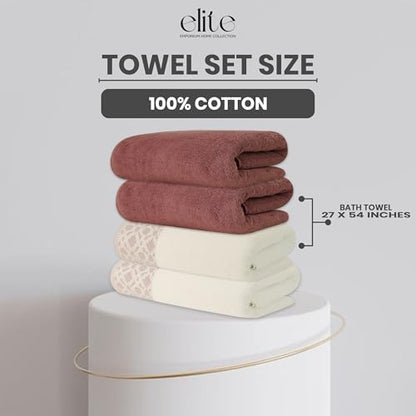 ELITE 4 Pack Luxury Jacquard Bath Towel Set – 100% Cotton, 600 GSM Ultra Soft & Absorbent Towels – Elegant Floral Pattern – 4 Large Bath Towels 27"x54" for Bathroom, Gift Spa & Hotel (Deco Rose) - color: Deco Rose