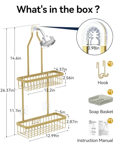 Never Rust Shower Caddy Hanging, Aluminum Shower Racks for Inside Shower, 2-Tier Shower Organizer Hanging Over Shower Head with Hooks and Soap Holder, Gold - color: Gold