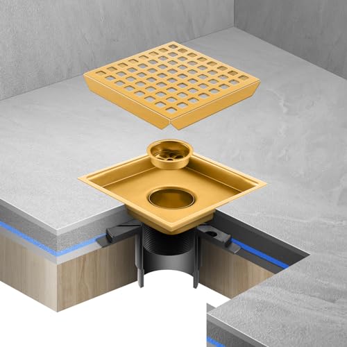Shower Drain, Brushed Gold 6 inch Shower Floor Square Drain with Flange, Removeable Grid Panel SUS 304 Stainless Steel Square Shower Drain - color: Brushed Gold, size: 6 inch