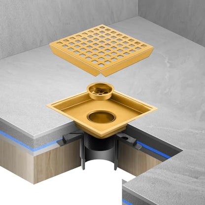 Shower Drain, Brushed Gold 6 inch Shower Floor Square Drain with Flange, Removeable Grid Panel SUS 304 Stainless Steel Square Shower Drain - color: Brushed Gold, size: 6 inch