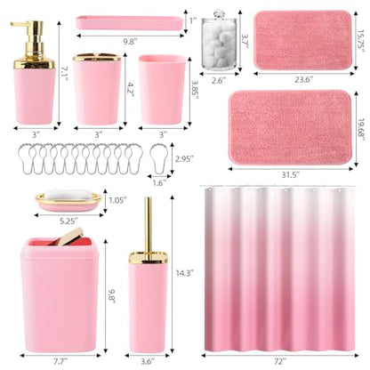 XLHOMO Bathroom Set - Pink Bathroom Sets with Shower Curtain and Rugs, 24PCS Shower Curtain Set with Hooks, Soap Dispenser, Soap Dish, Toilet Brush Holder and Trash Can for Housewarming - color: Pink and Gold, size: Bathroom Set+Shower Curtain+Bath Rugs