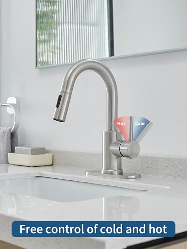 Brushed Bathroom Sink Faucet with Pull Out Sprayer for Sink 1 Hole,Bar Sink Faucet with Pop-Up Drain,Stainless Steel Single Handle Kitchen Faucet 360° Swivel Bathroom Faucets for Two Water Outlet Mode - color: Brushed Nickel, style: Pull-out