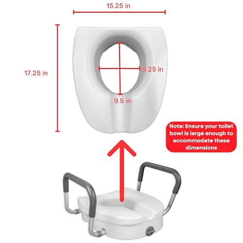 RMS Raised Toilet Seat - 5 Inch Elevated Riser with Adjustable Padded Arms | Toilet Safety Seat for Elongated or Standard Commode