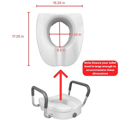 RMS Raised Toilet Seat - 5 Inch Elevated Riser with Adjustable Padded Arms | Toilet Safety Seat for Elongated or Standard Commode