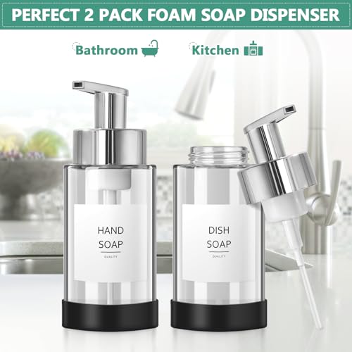 RYTOXILO Glass Soap Dispenser, 10 oz/300ml Foaming Soap Dispenser, 2 Pack Foaming Hand Dispenser with 2 Non-Slip Silicone Bottom Sleeve, Clear Refillable Foam Soap Bottle with Silver Pump - color: Clear Bottle, size: 10 Fl oz with Silver Pump Silicone Boo