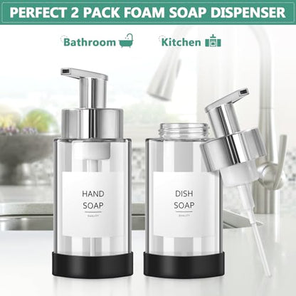 RYTOXILO Glass Soap Dispenser, 10 oz/300ml Foaming Soap Dispenser, 2 Pack Foaming Hand Dispenser with 2 Non-Slip Silicone Bottom Sleeve, Clear Refillable Foam Soap Bottle with Silver Pump - color: Clear Bottle, size: 10 Fl oz with Silver Pump Silicone Boo