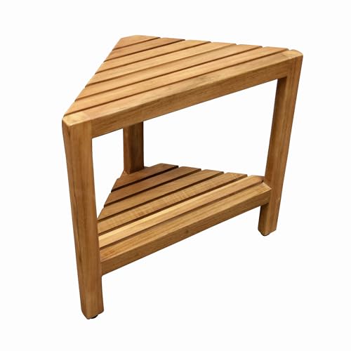 Asta Aris Solid Teak Indoor Outdoor Shower/Bath/Spa Corner Stool with Shelf, Fully Assembled, TB-011A