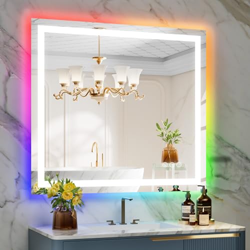 40x36 Inch RGB LED Bathroom Mirror Front Light and RGB Backlit Lighted Vanity Mirror for Bathroom Wall Mounted Dimmable Anti Fog Memory Shatter-Proof IP54 Waterproof Horizontal/Vertical - color: Rgb Backlit+front Lit, size: 40"L x 36"W