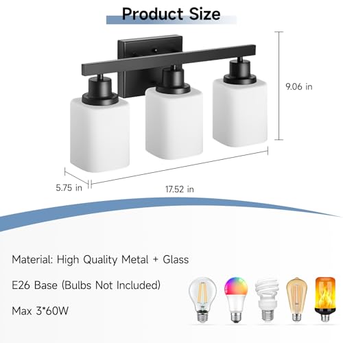 3-Light Bathroom Vanity Light,Modern Matte Black Bathroom Light Fixtures with Square Frosted Glass,Wall Sconces Lighting fixtures Over Mirror Restroom, Living Room Hallway - color: Black, size: 3-Light