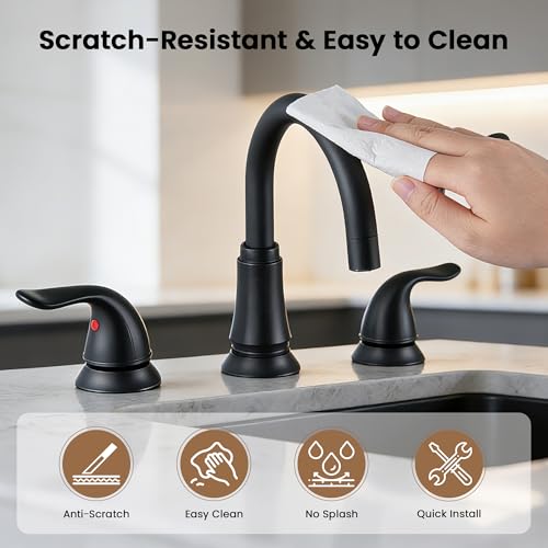 Matte Black Widespread Bathroom Faucet 3 Hole, 8 Inch Bathroom Sink Faucet | Adjustable Sink Faucet Bathroom with Pop-Up Drain & Supply Lines, Dual Handle 360° Swivel Spout, Modern Design