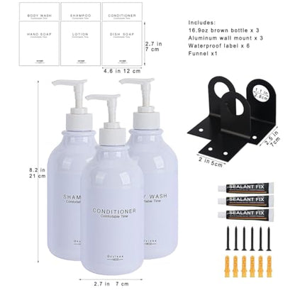 Shampoo and Conditioner Dispenser for Shower Wall 3 Chamber,Refillable Shampoo and Conditioner Bottles with Waterproof Labels,Soap Dispenser with Pumps - color: 3 Bottles 3 Wall Mounts-white