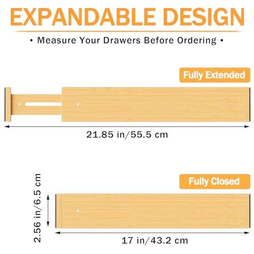 Bamboo Drawer Dividers Organizers, 2.56" High, 17"-21.8" Adjustable, 6 Pack | Expandable Separators, Great for Utensils, Kitchen, Bedroom, Dresser and Office Storage - style: bamboo-6Pack