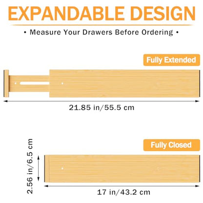Bamboo Drawer Dividers Organizers, 2.56" High, 17"-21.8" Adjustable, 6 Pack | Expandable Separators, Great for Utensils, Kitchen, Bedroom, Dresser and Office Storage - style: bamboo-6Pack