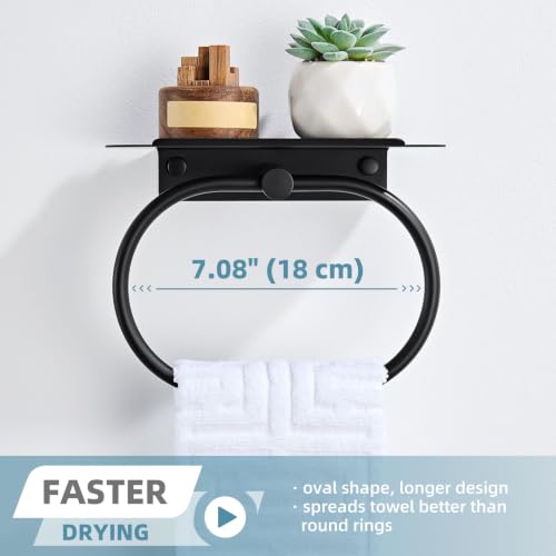 Suyar Oval Towel Ring with Shelf, Bathroom Hand Towel Holder Matte Black | SUS304 Stainless Steel, Space-Saving Solution, Versatile Top Shelf for Small Plants Toiletries Soap Phones, Wall Mounted - color: Matte Black