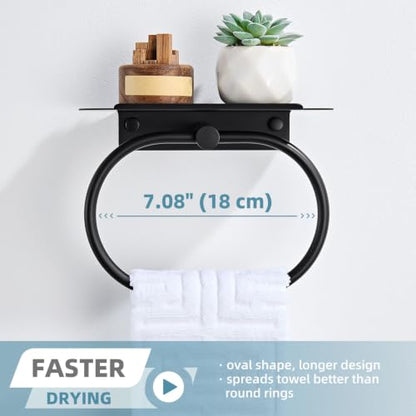 Suyar Oval Towel Ring with Shelf, Bathroom Hand Towel Holder Matte Black | SUS304 Stainless Steel, Space-Saving Solution, Versatile Top Shelf for Small Plants Toiletries Soap Phones, Wall Mounted - color: Matte Black