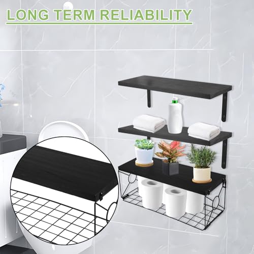 Floating Shelves with Wire Storage Basket, Bathroom Shelves Over Toilet with Protective Metal Guardrail, Versatile Storage Function Hanging Storage Wall Shelf for Bathroom, Bedroom, Living Roomv