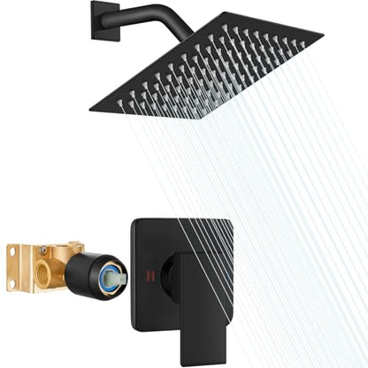 Heyalan 8 Inch Square Rain Shower Faucet Set with Valve, Matte Black | Female-thread 1/2-inch NPT connections, SUS304 shower head, brass rough-in valve, single-handle control Shower Set - color: Black, size: 8 Inch Square Shower Head