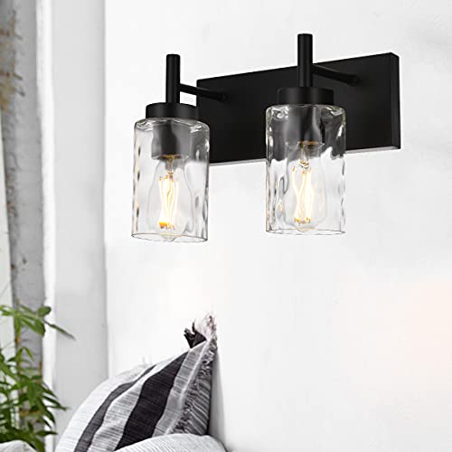 BONLICHT 2 Light Farmhouse Wall Sconce Vanity Lights Modern Black Bathroom Lighting Fixtures with Hammered Glass Shade,Industrial Porch Metal Wall Mount Lamp for Hallway Kitchen Bedroom Laundry Room - color: Black, size: 2 Lights