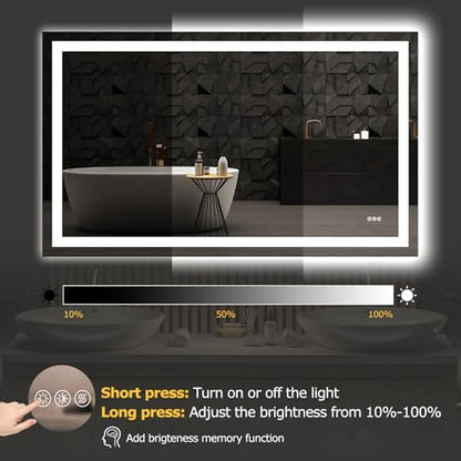 Hivone 60"X36" LED Bathroom Mirror with Lights, Anti-Fog, Dimmable, Backlit + Front Lit, Smart Bathroom Vanity Mirror, Memory Function, Shatterproof, Tempered Glass (Horizontal/Vertical) - size: 60"L x 36"W