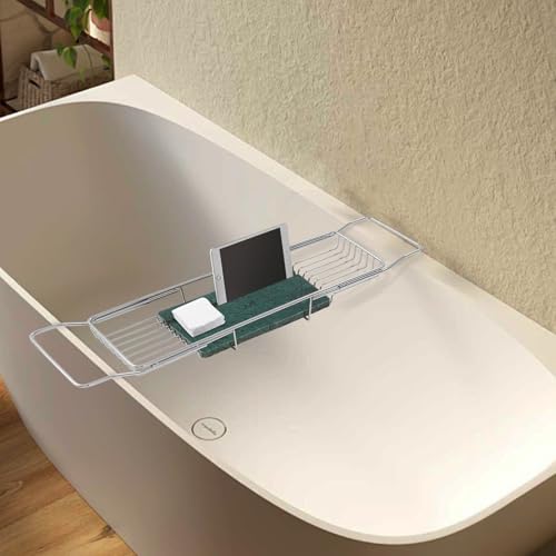 Expandable Bathtub Tray, Stainless Steel Bath Tub Caddy with Marble Base, Adjustable Over Tub Rack with Phone Tablet Holder, Bathtub Organizer (Silver) - color: Silver
