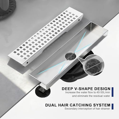 18 Inch Linear Shower Drain - Brushed Nickel, with Removable Grate | AISI 304 Stainless Steel Shower Drain, Long Rectangle Shower Floor Drain with Adjustable Feet, Fits Bathroom & Balcony etc - color: Brushed Nickel, size: 18 in