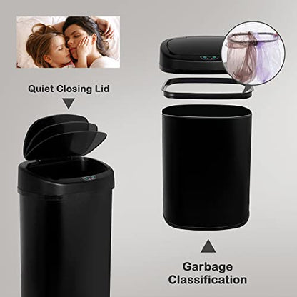 Kitchen Trash Can, 13 Gallon Automatic Can with Lid and Motion Sensor Home Office Bedroom Bathroom Living Room, Garbage Touchless Stainless Steel BLACK, 17.3 x 13 x 23.6 - color: BLACK