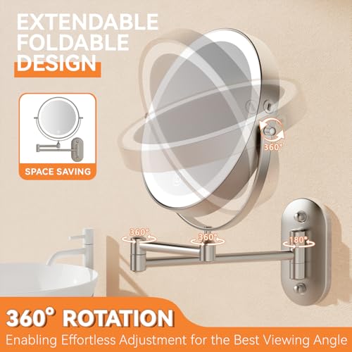 Auxmir 1X/30X Wall Mounted Makeup Mirror, 8" Rechargeable Magnifying Mirror | double-sided button, 3200mAh, 3 dimmable colors, 360° rotation, extended arm, 30X magnification, bathroom, nickel - color: 8'' 30x-nickel