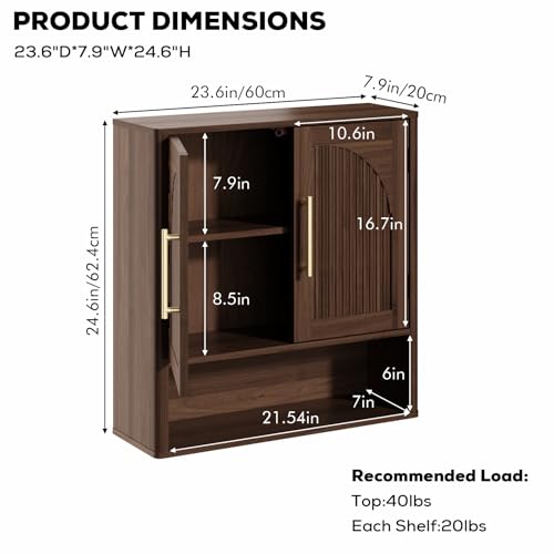 RUSTOWN Fluted Bathroom Wall Cabinet with Arched Doors & Rounded Edges | Over The Toilet Storage Cabinet with Adjustable Shelf, Mid Century Modern Medicine Cabinets, Laundry & Kitchen Shelving Unit - color: Dark Walnut
