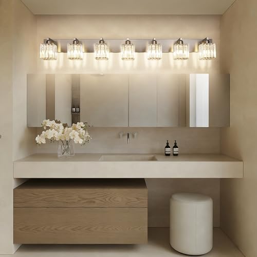Aipsun Brushed Nickel Bathroom Light Fixtures Crystal Vanity Lighting Fixture Modern Bathroom Vanity Light 7 Light (Exclude Bulb) - color: Brushed Nickel, size: 58 inch