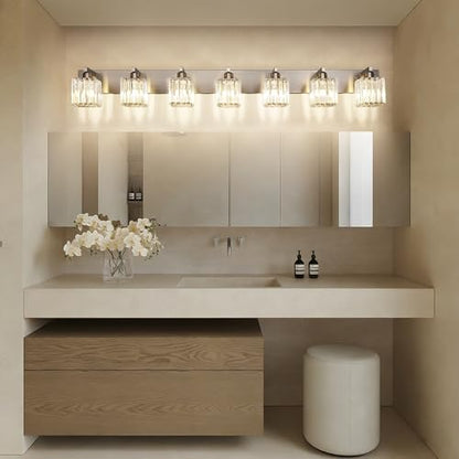Aipsun Brushed Nickel Bathroom Light Fixtures Crystal Vanity Lighting Fixture Modern Bathroom Vanity Light 7 Light (Exclude Bulb) - color: Brushed Nickel, size: 58 inch