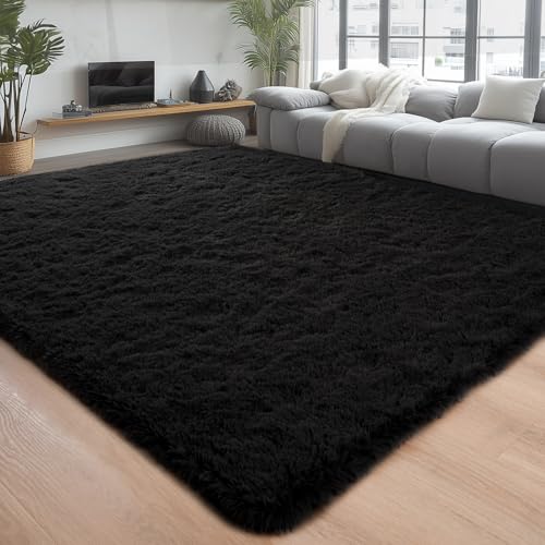 Chicrug Soft Area Rugs for Bedroom Living Room Plush Fluffy Rug 7x10 Feet, Shag Furry Area Rug Carpet Non Shedding for Nursery Children Kids Girls Room Home Decorative, Black - color: Black, size: 7' x 10' (Rectangular)
