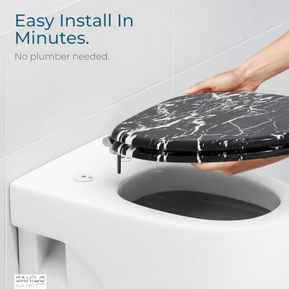 SANILO Wooden Toilet Seat with Soft Close [ELONGATED] - Decorative, Quiet & Slow Close Molded Wood Seat - With Strong Bumpers & Hinges - Adjustable Fit - Marble Black - color: Marble Black