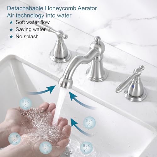 RKF Bathroom Faucets for Sink 3 Brushed Nickel 8 inch Widespread Bathroom Sink Faucet with Drain Double Lever Handle Faucet Bathroom Vanity Faucet Basin Mixer Tap WF013-BN - color: Nickel