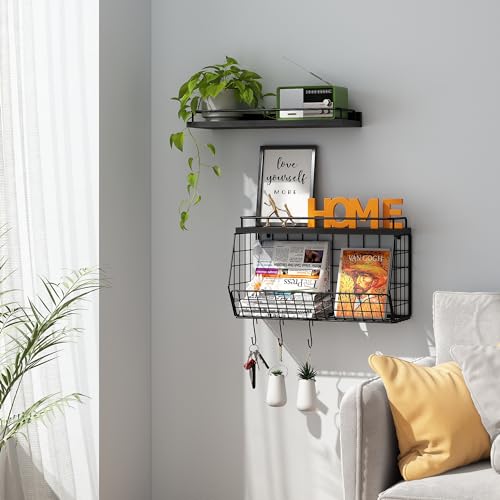 Bathroom Shelves Over Toilet Wall Mounted Floating Shelves with Wire Basket and Hooks Metal Shelf Organizer for Bathroom, Bedroom, Living Room, Kitchen, Home Storage