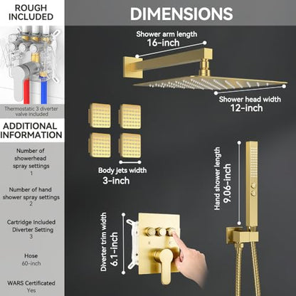 STARBATH Shower System with Body Jets,12" Rainfall Shower System with 2 in 1 Handheld and 4 Body Jets, Can Use All at Once, Push Button Complete Shower Jets System with Valve and Trim Kit,Brushed Gold - color: Gold, size: 12"-04
