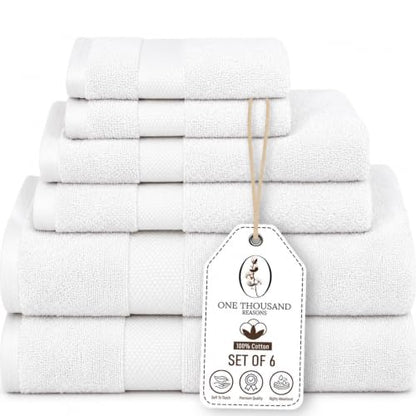 Premium Staple Cotton Bathroom Towel Set - White 600 GSM 6-Piece Luxury Bath Towel Set 1 Stripe - 2 Bath Towels, 2 Hand Towels & 2 Washclothes Set - High Absorbent & Quick Dry for Gym, Spa, Hotel - color: White - 1 Stripe