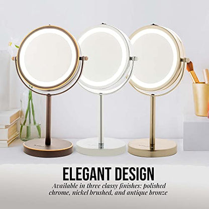 OVENTE Lighted Vanity Mirror 6 Inch Table Top 1X 7X Magnification LED 360 Adjustable Double Sided Spinning Personal Makeup Stand Desk Bathroom Battery Powered Round Large Nickel Brushed MLT60BR1X7X - color: Nickel Brushed, size: 11.3"L x 5.9"W (Pack of 2)