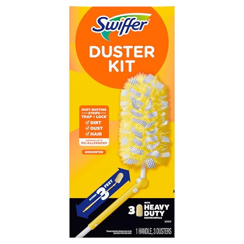 Swiffer Duster Kit with 3 ft Extendable Handle | Includes 1 Duster Extendable Handle (3 ft). 3 Heavy Duty Duster Refills. For Ceiling Fans, Vents, and Hard to Reach Places