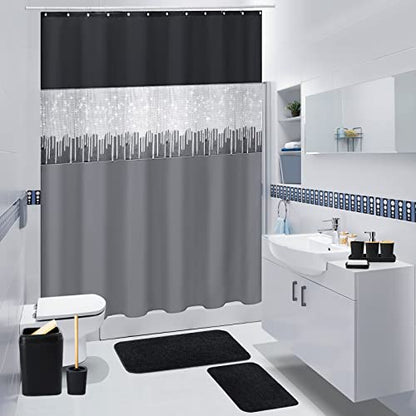 XLHOMO Bathroom Sets with Shower Curtain and Rugs,24PCS Black Bathroom Set Shower Curtain Set with Bathroom Trash Can Bathroom Accessories - size: Bath Set+Shower Curtain+Bath Rugs, style: Black