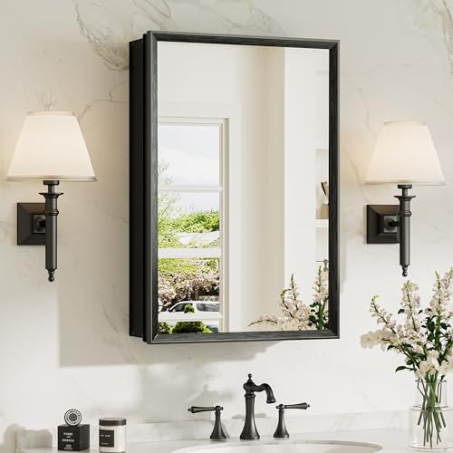 16 x 24 Medicine Cabinet Mirror, Assembly Required, Black Mirror Medicine Cabinet for Bathroom, Beveled Aluminum Frame, Stepless Adjustable Shelves, Tempered Glass - color: Black, size: 16x24 in