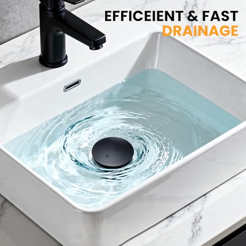 Bathroom Sink Drain with Overflow, Pop Up Drain for Bathroom Sink with Removable Hair Catcher, Matte Black 304 Stainless Steel Bathroom Sink Stopper, Fits 1-1/2" to 1-3/4" Drain Openings - color: Matte Black, style: Big Popup Cap